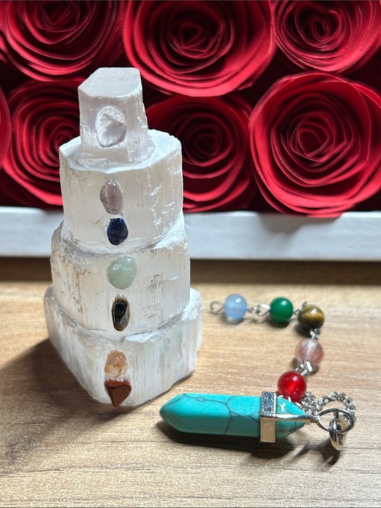 Unbranded Other - Selenite Crystal Tower with Seven Chakra Gemstones and blue charm.
